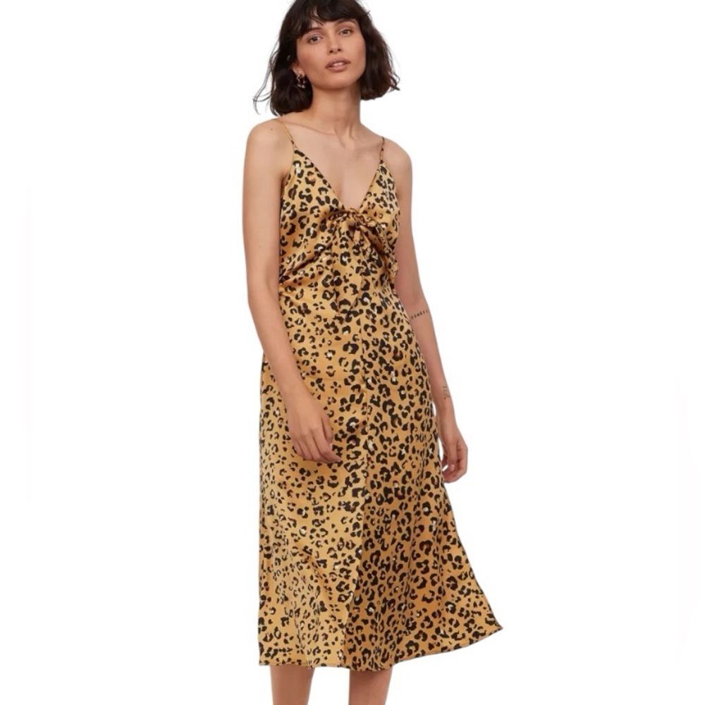 H&M Women’s Satin Leopard Print Sleeveless Slip MIDI Dress with Ties Size 2US